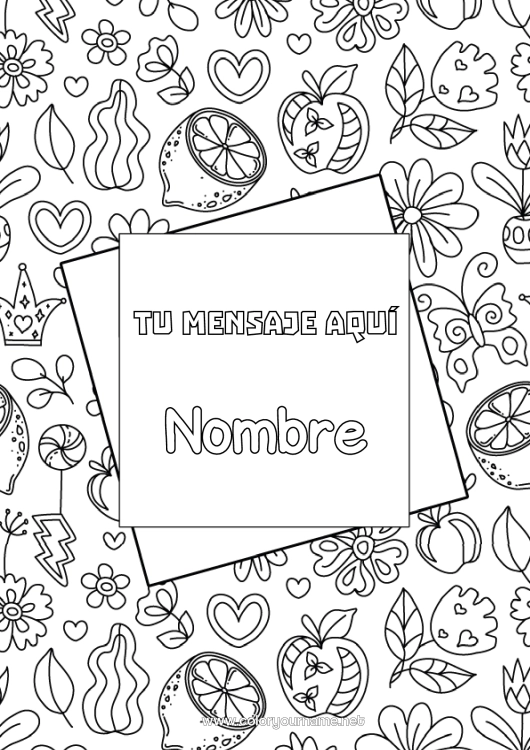 Dibujo para colorear para imprimir Flores Corazón Frutas Limón Manzana Fondo decorativo Portadas de Cuaderno