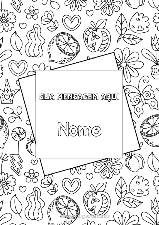 Página de desenho para imprimir Flores Coração Frutas Limão Maçã Fundo decorativo Capas de Caderno