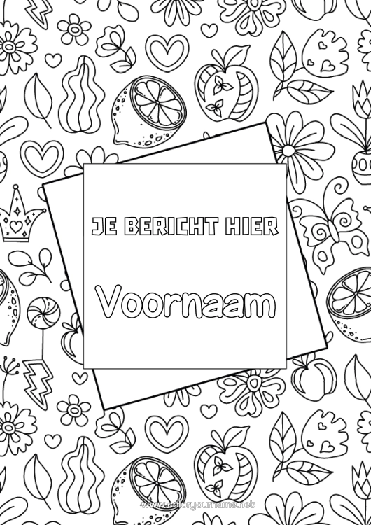 Kleurplaat om af te drukken Bloemen Hart Fruit Citroen Appel Decoratieve achtergrond Schrijfkaften