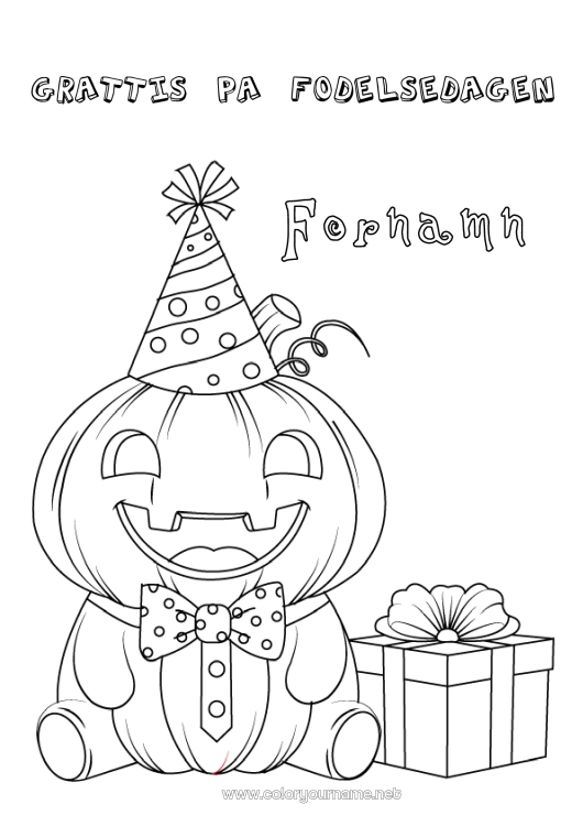 Färgläggningssida att skriva ut Pumpa Gåvor Födelsedag Jack O'Lantern Hatt Grattis på födelsedagen!