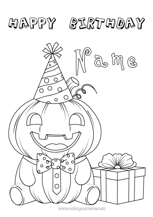 Colouring page to print Pumpkin Gifts Halloween Birthday Autumn Jack O'lantern Hat Happy Birthday Message