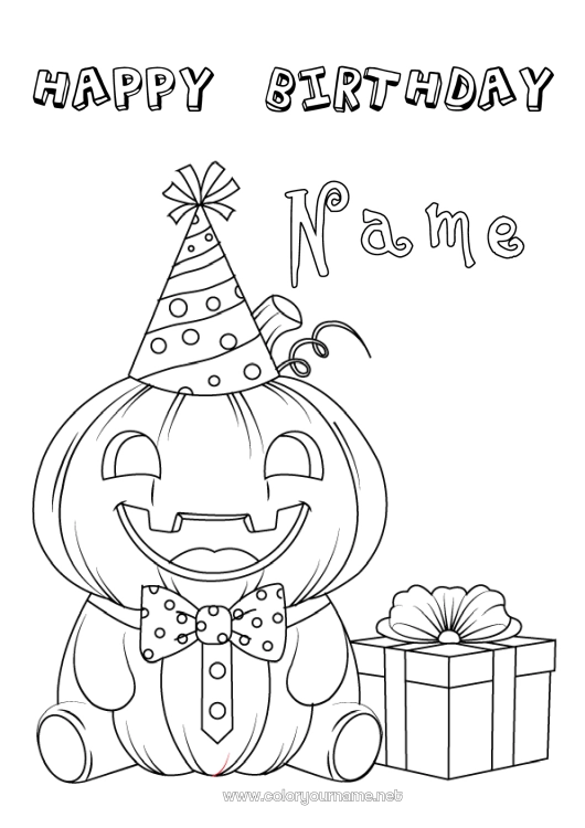 Coloring page to print Pumpkin Gifts Birthday Jack O'Lantern Hat Happy Birthday (English) Message