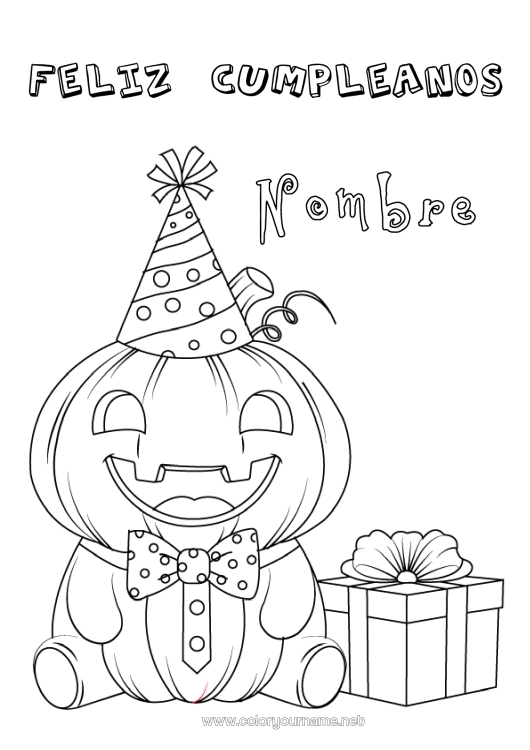 Dibujo para colorear para imprimir Calabaza Regalos Cumpleaños Jack O'Lantern Sombrero Mensaje de feliz cumpleaños (inglés)