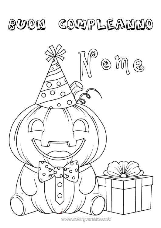 Pagina da colorare da stampare Zucca Regali Compleanno Jack O'Lantern Cappello Buon compleanno (francese) Messaggio