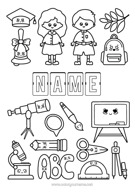 Colouring page to print School Symbols Pencil School Bag Back To School Classroom Board Pupil Student Cap Stationery Supplies Rapporteur Microscope Compass Telescope