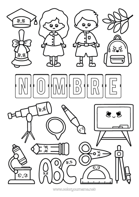 Dibujo para colorear para imprimir Escuela Simbolos Lápiz Mochila escolar Regreso a clases Pizarra de clase Estudiante Toga de estudiante Útiles escolares Transportador Microscopio Compass Telescopio