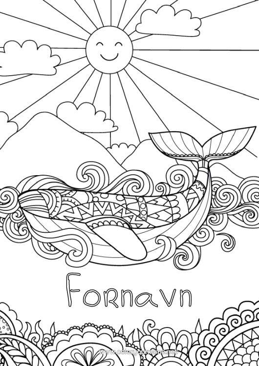 Fargeleggingssiden til utskrift Sol Hval Hav Dyr Zentangle Marin eller akvatisk dyr