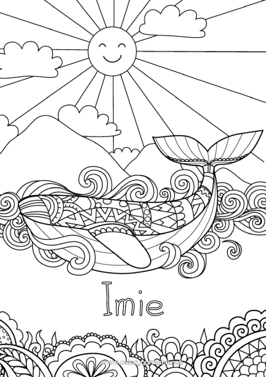 Kolorowanka do wydruku Słońce Wieloryb Morze Zwierzę Zentangle Zwierzęta morskie lub wodne