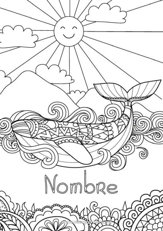Dibujo para colorear para imprimir Sol Ballena Mar Animales Zentangle Animales marinos o acuáticos
