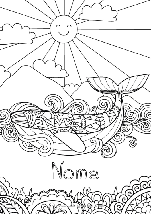 Página de desenho para imprimir Sol Baleia Mar Animal Zentangle Animais marinhos ou aquáticos
