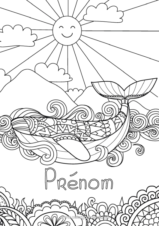 Coloriage à imprimer Soleil Baleine Mer Zentangle Animaux marins ou aquatique