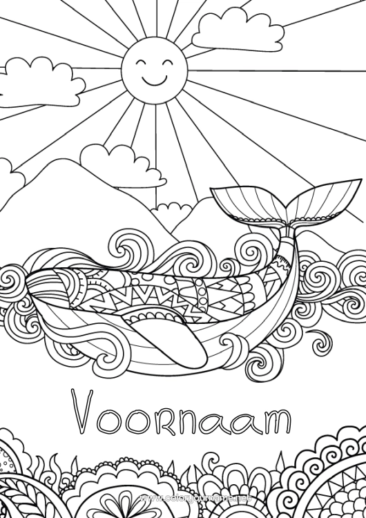 Kleurplaat om af te drukken Zon Walvis Zee Dier Zentangle Zeedieren