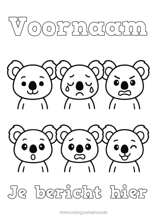 Kleurplaat om af te drukken Activiteiten voor Kinderen Koala Eenvoudige kleurplaten Andere dieren van de wereld Emoties Verdriet Vreugde Angst Verrassing