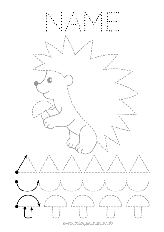 Colouring page to print Hedgehog Animal Mushroom Connecting Points Trace And Colour. Forest Animals Nursery Graphic Sheet