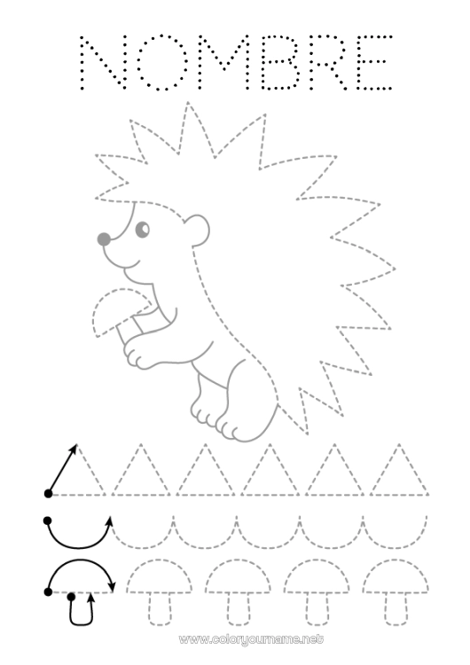 Dibujo para colorear para imprimir Erizo Champiñone Une los puntos Trazo y color Animales del bosque Ficha de grafismo para educación infantil