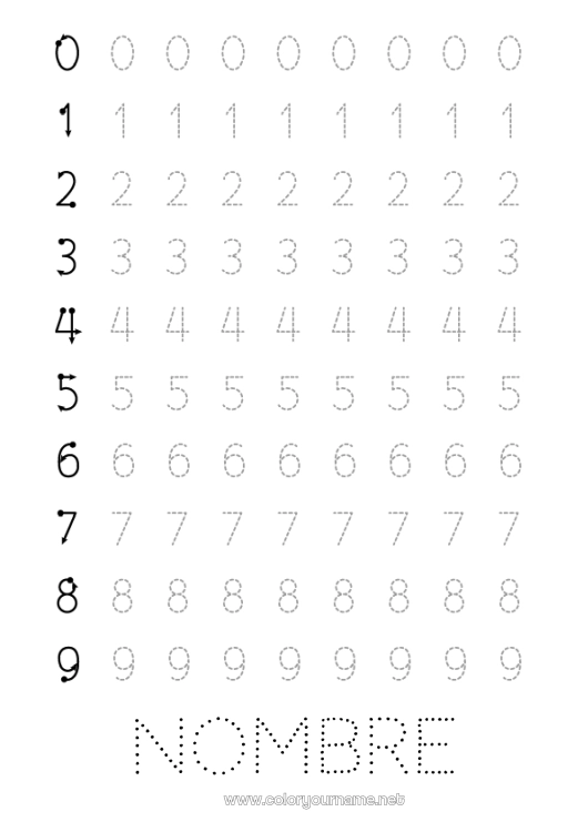 Dibujo para colorear para imprimir Número Une los puntos Trazo y color Seis Dos Tres Cuatro Uno Cinco Ficha de grafismo para educación infantil