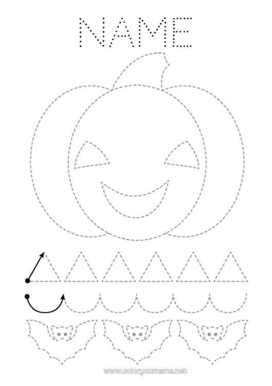 Coloring page to print Bat Pumpkin Jack O'Lantern Children's activities Connect the dots Easy coloring pages Trace and color Flying birds and mammals Preschool graphic design sheet