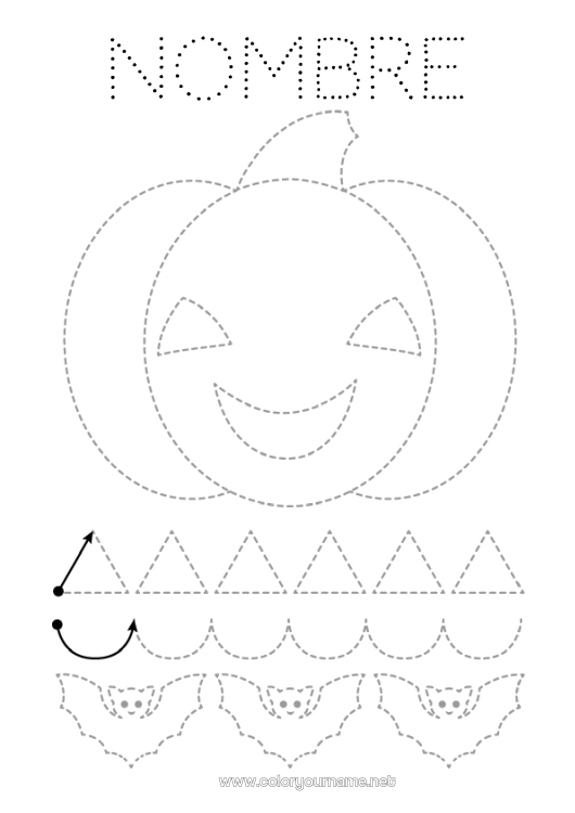 Dibujo para colorear para imprimir Murciélago Calabaza Jack O'Lantern Actividades para niños Une los puntos Dibujos fáciles para colorear Trazo y color Aves y mamíferos voladores Ficha de grafismo para educación infantil