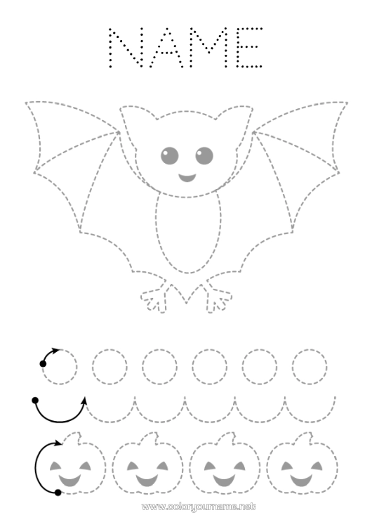 Colouring page to print Bat Pumpkin Children's Activities Animal Connecting Points Easy Colouring Pages Trace And Colour. Birds And Flying Mammals Nursery Graphic Sheet