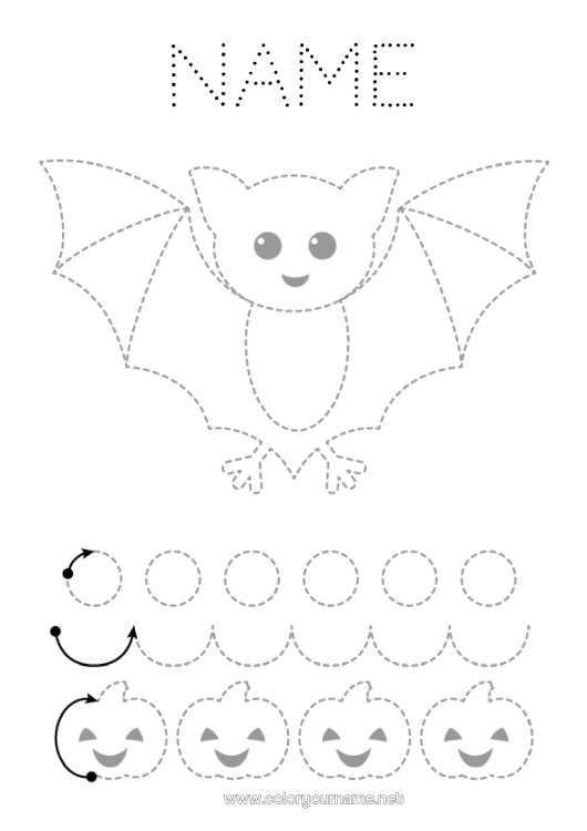 Coloring page to print Bat Pumpkin Children's activities Animal Connect the dots Easy coloring pages Trace and color Flying birds and mammals Preschool graphic design sheet