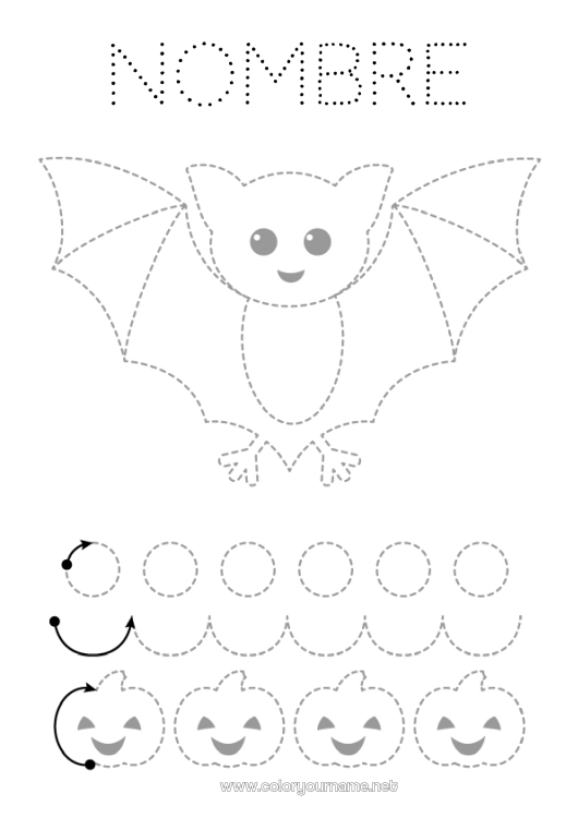 Dibujo para colorear para imprimir Murciélago Calabaza Actividades para niños Animales Une los puntos Dibujos fáciles para colorear Trazo y color Aves y mamíferos voladores Ficha de grafismo para educación infantil