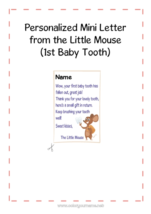 Coloring page to print Milk tooth Tooth fairy Mail of the Little Mouse