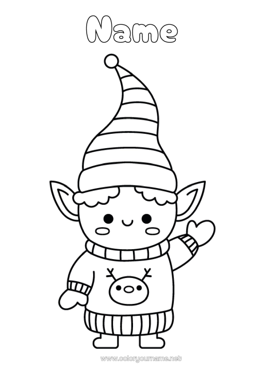 Coloring page to print Christmas elves Christmas Kawaii Elves coloring pages Easy coloring pages
