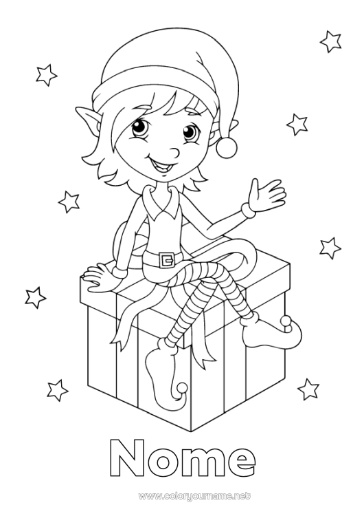 Pagina da colorare da stampare Regali Elfo di Natale Natale Pagine da colorare degli elfi