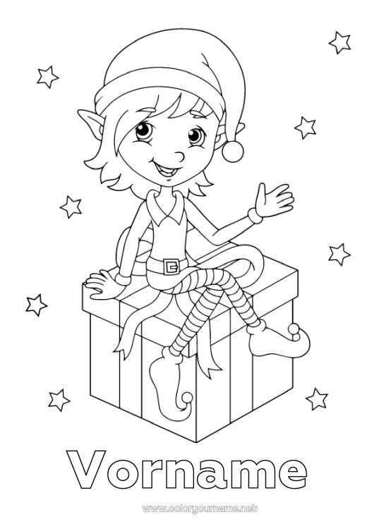 Malvorlage zum Ausdrucken Geschenke Weihnachtself Weihnachten Elfen Ausmalbilder