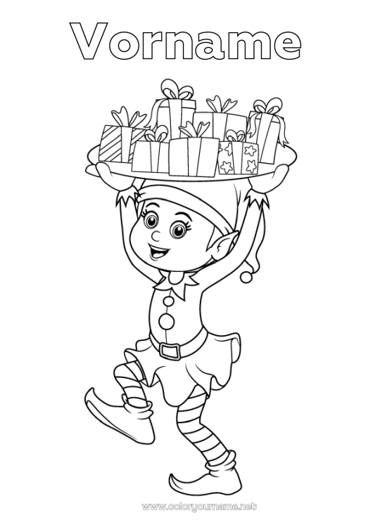 Malvorlage zum Ausdrucken Geschenke Weihnachtself Weihnachten Elfen Ausmalbilder