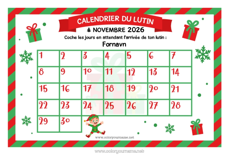 Fargeleggingssiden til utskrift Julealver Julekalender
