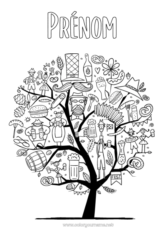 Coloriage à imprimer Arbre Boisson Symboles Allemagne Bretzel Bière Oktoberfest