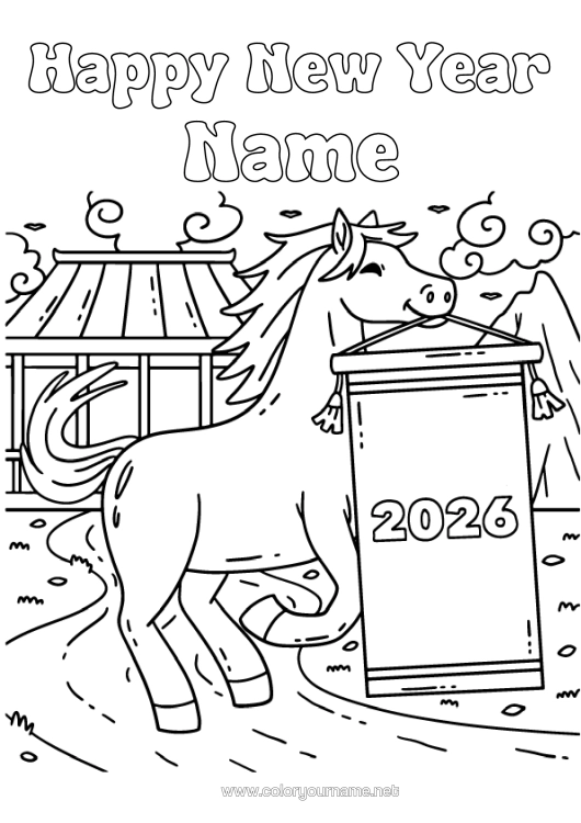 Colouring page to print Horse Happy New Year Chinese New Year Farm Animals "Happy New Year" 2026