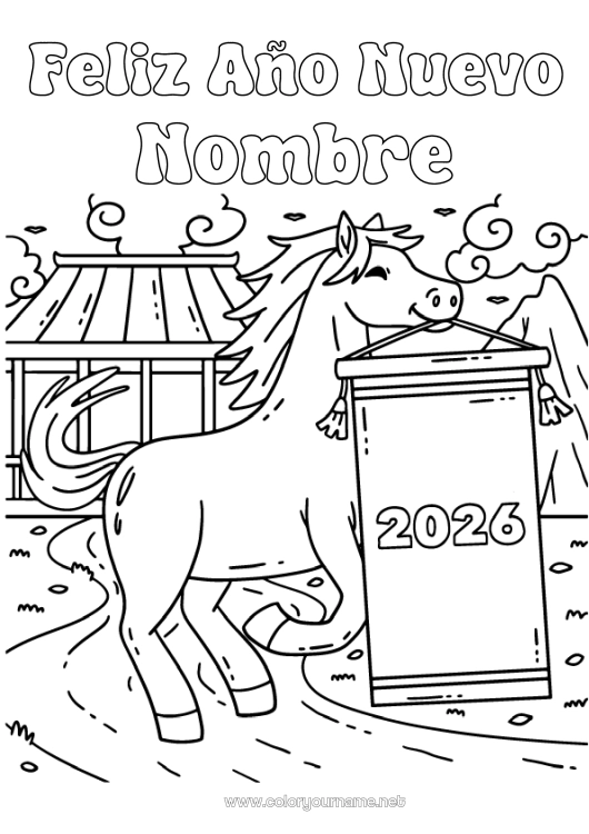 Dibujo para colorear para imprimir Caballo Feliz año Año Nuevo chino Animales de granja Mensaje
