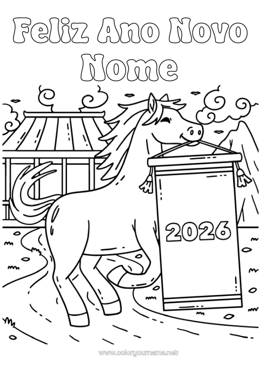 Página de desenho para imprimir Cavalo Feliz Ano Novo Ano Novo Chinês Animais de fazenda Mensagem de 