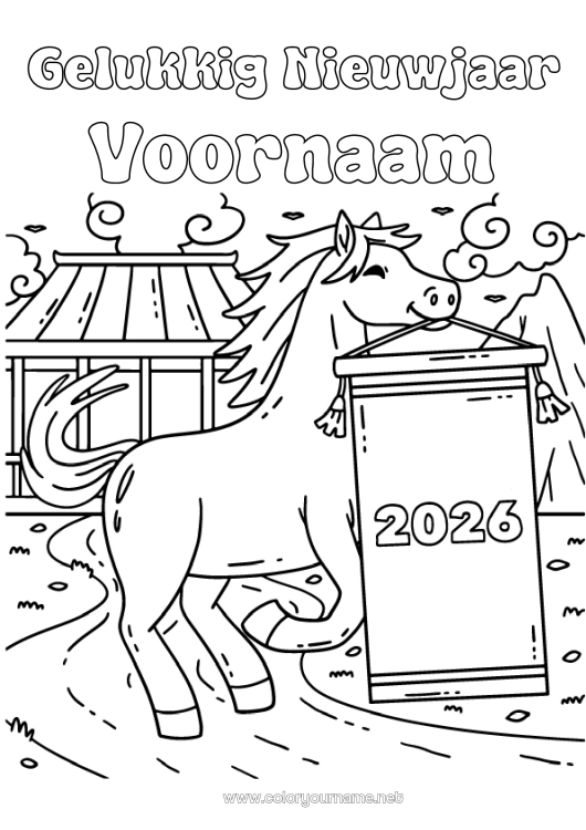 Kleurplaat om af te drukken Paard Gelukkig Nieuwjaar Chinees Nieuwjaar Boerderijdieren Nieuwjaarsboodschap 2026