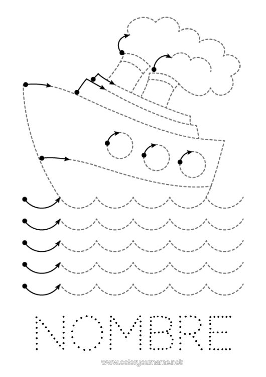 Dibujo para colorear para imprimir Vehículos Actividades para niños Une los puntos Barco Dibujos fáciles para colorear Trazo y color Vehículos marítimos Ficha de grafismo para educación infantil