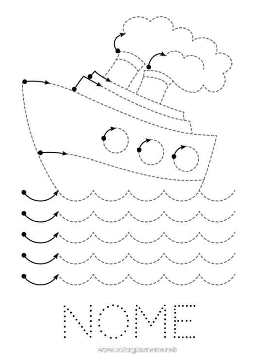 Página de desenho para imprimir Veículos Atividades para Crianças Ligando os Pontos Barco Desenhos para colorir fáceis Rastreie e Pinte Veículos marítimos Folha de atividades de grafismo para educação infantil