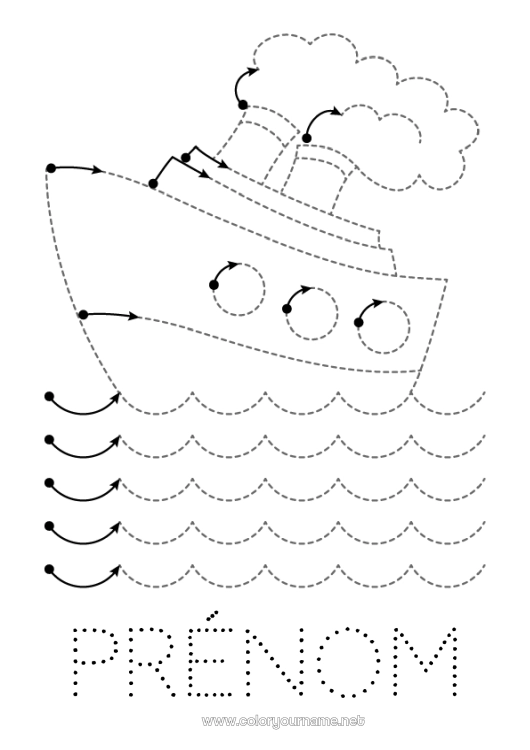 Coloriage à imprimer Véhicules Activités enfants Points à relier Bateau Coloriages faciles Trace et colorie Véhicules maritimes Fiche de graphisme maternelle