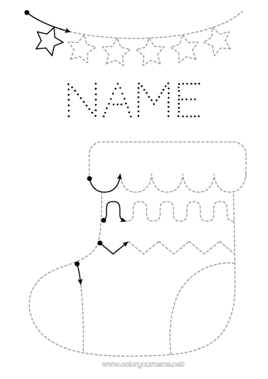 Coloring page to print Christmas Christmas tinsel Children's activities Connect the dots Trace and color Christmas stocking Preschool graphic design sheet