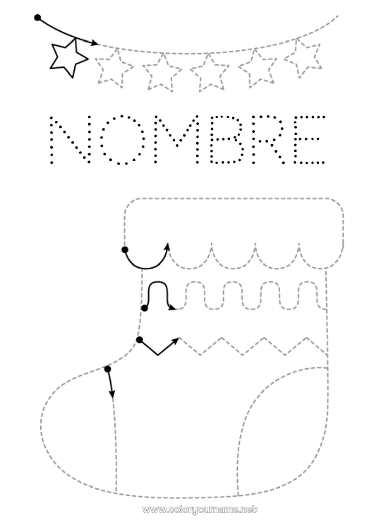 Dibujo para colorear para imprimir Navidad Guirnalda de Navidad Actividades para niños Une los puntos Trazo y color Calcetín de Navidad Ficha de grafismo para educación infantil