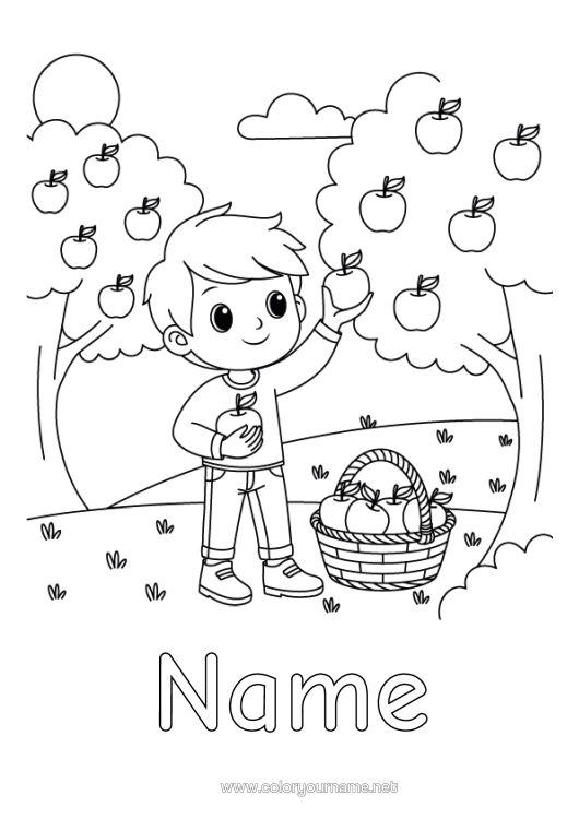 Colouring page to print Boy Fruit Apple Apple Tree