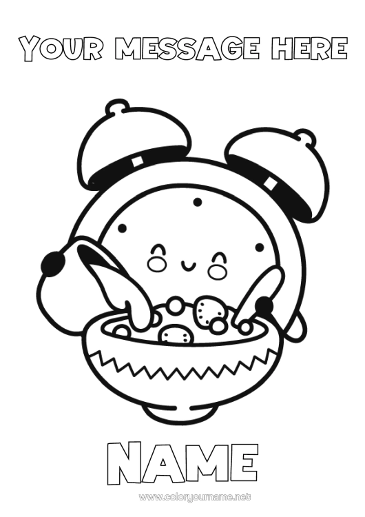 Colouring page to print Mug Café Tea Drink Alarm Clock Breakfast
