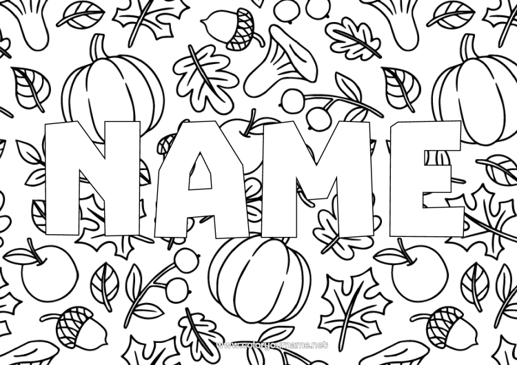 Coloring page to print Pumpkin Autumn Mushroom Acorn Decorative background Dead leaves
