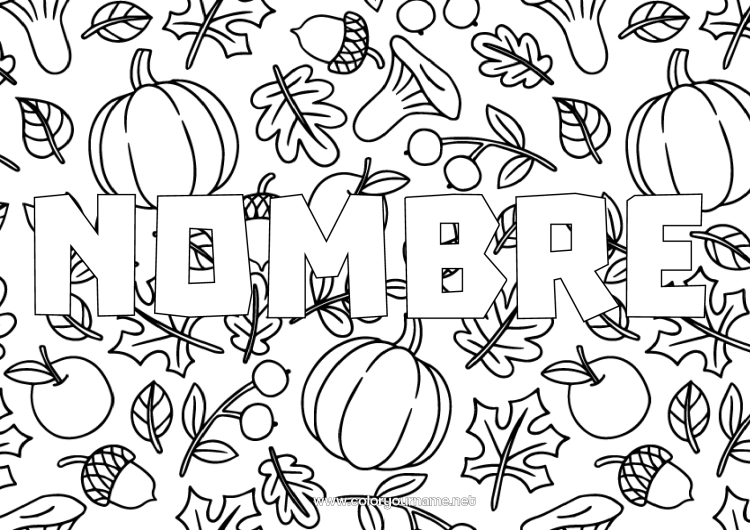 Dibujo para colorear para imprimir Calabaza Otoño Champiñone Bellota Fondo decorativo Hojas muertas