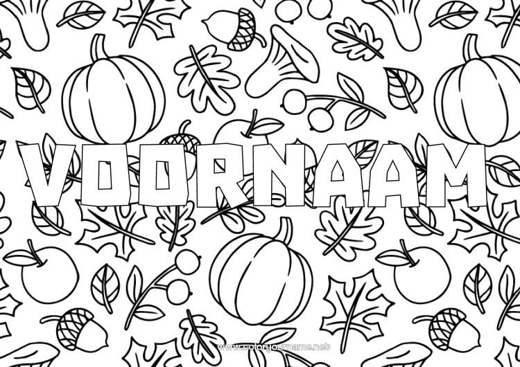 Kleurplaat om af te drukken Pompoen Herfst Paddestoel Eikel Decoratieve achtergrond Dode bladeren