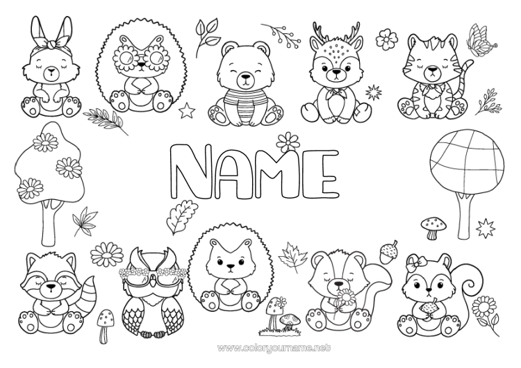 Colouring page to print Bear Hedgehog Reindeer Cute Squirrel Autumn Fox Owl, Tawny Owl Rabbit Animal Mushroom Birds And Flying Mammals Forest Animals Raccoon Dead Leaves