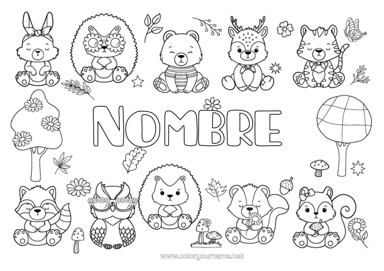 Dibujo para colorear para imprimir Llevar Erizo Reno Kawaii Ardilla Otoño Zorro Búho Conejo Animales Champiñone Aves y mamíferos voladores Animales del bosque Mapache Hojas muertas