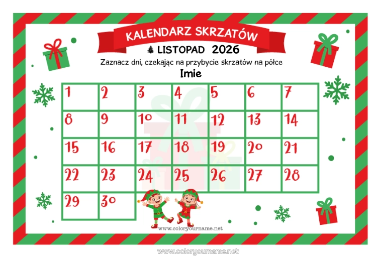 Kolorowanka do wydruku Świąteczne skrzaty Kalendarz adwentowy Kalendarze i planery