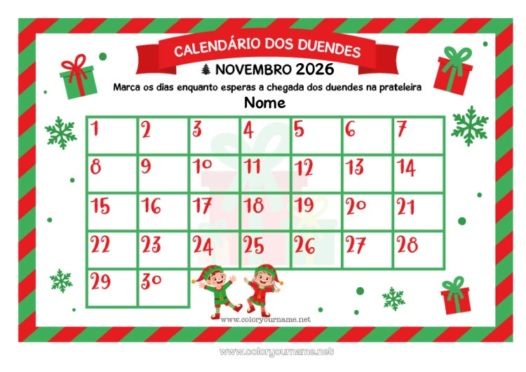 Página de desenho para imprimir Elfo de Natal Calendário do advento Calendários e planejadores